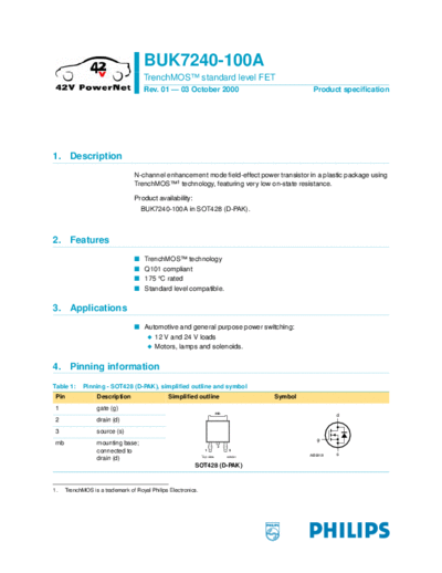 Philips buk7240-100a 01  . Electronic Components Datasheets Active components Transistors Philips buk7240-100a_01.pdf