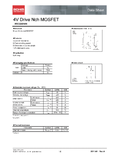 Rohm rsd200n05  . Electronic Components Datasheets Active components Transistors Rohm rsd200n05.pdf