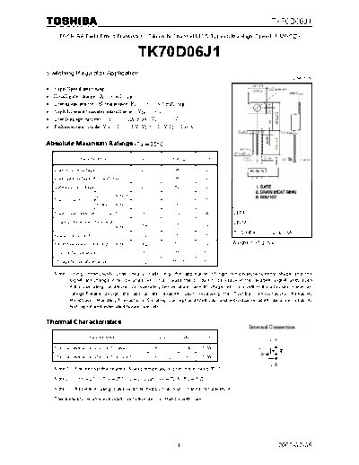. Electronic Components Datasheets tk70d06j1  . Electronic Components Datasheets Active components Transistors Toshiba tk70d06j1.pdf
