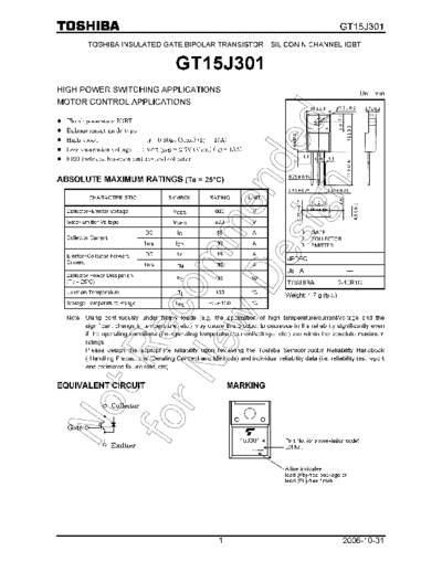 Toshiba gt15j301 en wm 20061031  . Electronic Components Datasheets Active components Transistors Toshiba gt15j301_en_wm_20061031.pdf