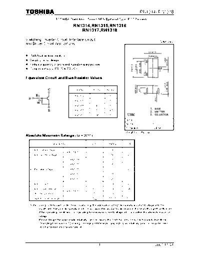 Toshiba rn1314 rn1315 rn1316 rn1317 rn1318  . Electronic Components Datasheets Active components Transistors Toshiba rn1314_rn1315_rn1316_rn1317_rn1318.pdf