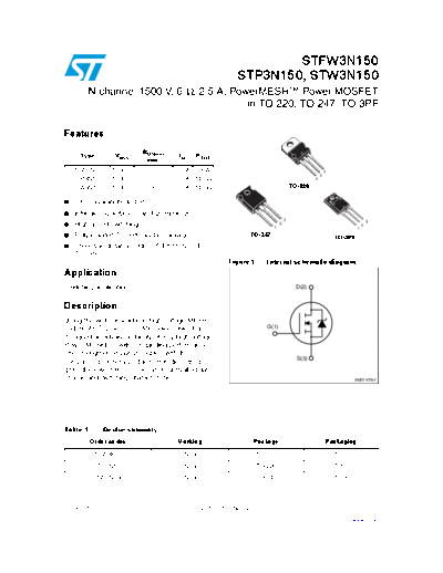 ST fw3n150  p3n150  w3n150  . Electronic Components Datasheets Active components Transistors ST stfw3n150_stp3n150_stw3n150.pdf