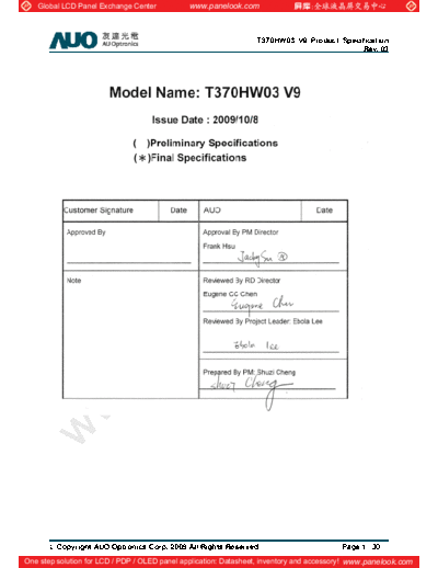 . Various Panel AUO T370HW03 V9 0 [DS]  . Various LCD Panels Panel_AUO_T370HW03_V9_0_[DS].pdf