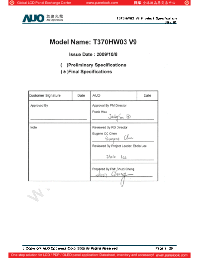 . Various Panel AUO T370HW03 V9 1 [DS]  . Various LCD Panels Panel_AUO_T370HW03_V9_1_[DS].pdf