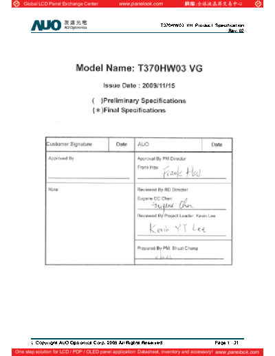 . Various Panel AUO T370HW03 VG 0 [DS]  . Various LCD Panels Panel_AUO_T370HW03_VG_0_[DS].pdf