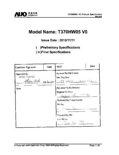 . Various Panel AUO T370HW05 V0 0 [DS]  . Various LCD Panels Panel_AUO_T370HW05_V0_0_[DS].pdf