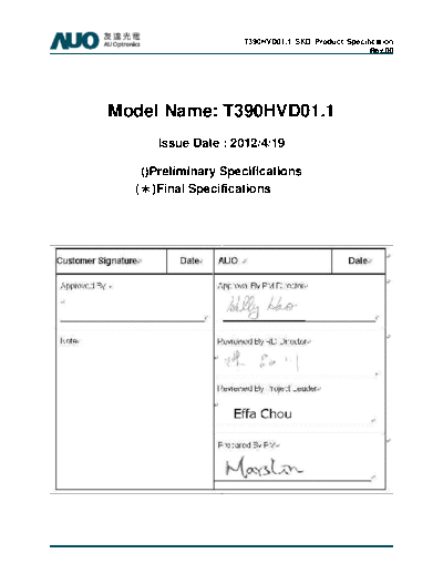 . Various Panel AUO T390HVD01-1 CELL 0 [DS]  . Various LCD Panels Panel_AUO_T390HVD01-1_CELL_0_[DS].pdf