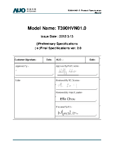 . Various Panel AUO T390HVN01-0 1 [DS]  . Various LCD Panels Panel_AUO_T390HVN01-0_1_[DS].pdf