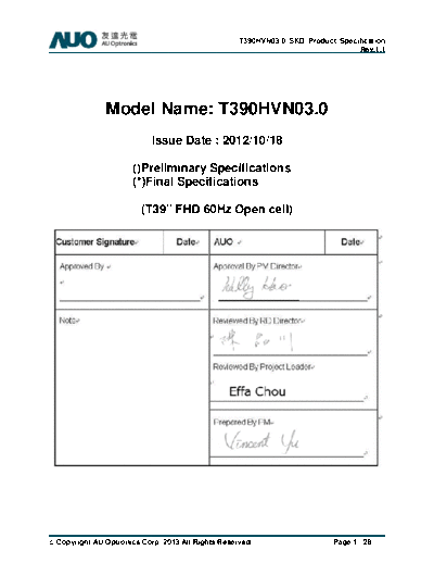 . Various Panel AUO T390HVN03-0 CELL 0 [DS]  . Various LCD Panels Panel_AUO_T390HVN03-0_CELL_0_[DS].pdf