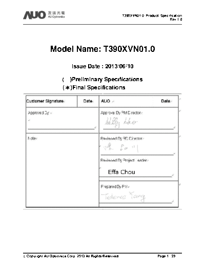 . Various Panel AUO T390XVN01-0 CELL 1 [DS]  . Various LCD Panels Panel_AUO_T390XVN01-0_CELL_1_[DS].pdf