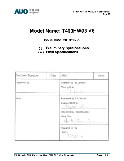 . Various Panel AUO T400HW03 V6 0 [DS]  . Various LCD Panels Panel_AUO_T400HW03_V6_0_[DS].pdf