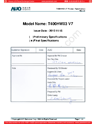 . Various Panel AUO T400HW03 V7 0 [DS]  . Various LCD Panels Panel_AUO_T400HW03_V7_0_[DS].pdf