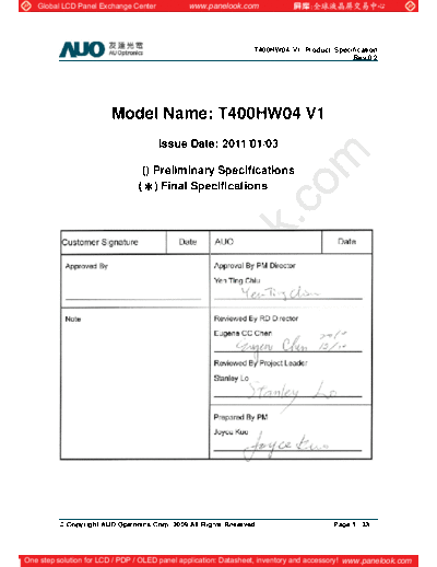 . Various Panel AUO T400HW04 V1 0 [DS]  . Various LCD Panels Panel_AUO_T400HW04_V1_0_[DS].pdf