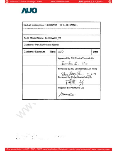 . Various Panel AUO T400XW01 V1 0 [DS]  . Various LCD Panels Panel_AUO_T400XW01_V1_0_[DS].pdf