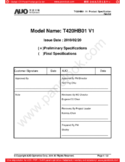 . Various Panel AUO T420HB01 V1 0 [DS]  . Various LCD Panels Panel_AUO_T420HB01_V1_0_[DS].pdf