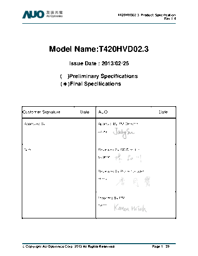 . Various Panel AUO T420HVD02-3 CELL 1 [DS]  . Various LCD Panels Panel_AUO_T420HVD02-3_CELL_1_[DS].pdf