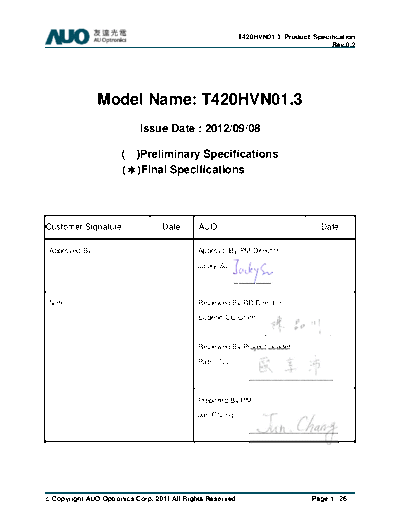 . Various Panel AUO T420HVN01-3 CELL 0 [DS]  . Various LCD Panels Panel_AUO_T420HVN01-3_CELL_0_[DS].pdf