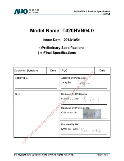 . Various Panel AUO T420HVN04-0 CELL 0 [DS]  . Various LCD Panels Panel_AUO_T420HVN04-0_CELL_0_[DS].pdf