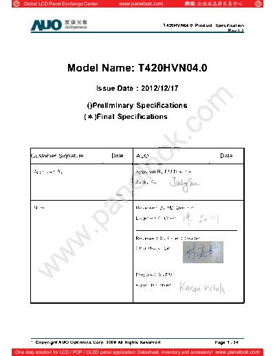 . Various Panel AUO T420HVN04-0 CELL 1 [DS]  . Various LCD Panels Panel_AUO_T420HVN04-0_CELL_1_[DS].pdf