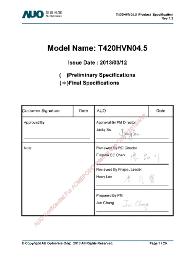 . Various Panel AUO T420HVN04-5 CELL 1 [DS]  . Various LCD Panels Panel_AUO_T420HVN04-5_CELL_1_[DS].pdf