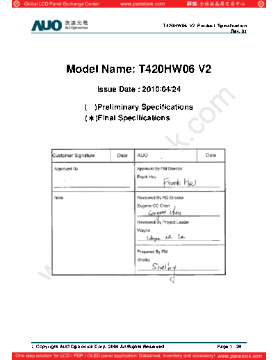 . Various Panel AUO T420HW06 V2 0 [DS]  . Various LCD Panels Panel_AUO_T420HW06_V2_0_[DS].pdf