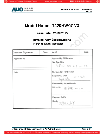 . Various Panel AUO T420HW07 V3 0 [DS]  . Various LCD Panels Panel_AUO_T420HW07_V3_0_[DS].pdf