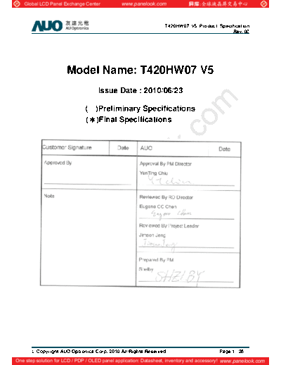 . Various Panel AUO T420HW07 V5 0 [DS]  . Various LCD Panels Panel_AUO_T420HW07_V5_0_[DS].pdf