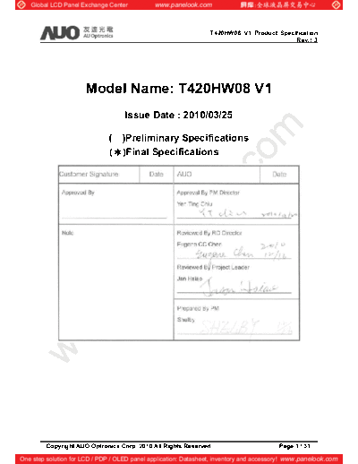 . Various Panel AUO T420HW08 V1 1 [DS]  . Various LCD Panels Panel_AUO_T420HW08_V1_1_[DS].pdf