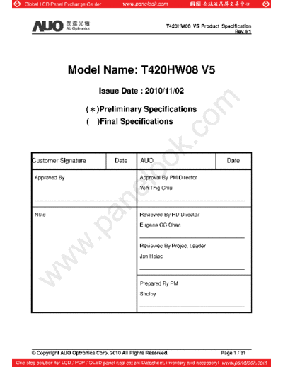 . Various Panel AUO T420HW08 V5 0 [DS]  . Various LCD Panels Panel_AUO_T420HW08_V5_0_[DS].pdf