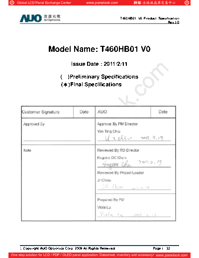 . Various Panel AUO T460HB01 V0 1 [DS]  . Various LCD Panels Panel_AUO_T460HB01_V0_1_[DS].pdf