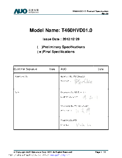 . Various Panel AUO T460HVD01-0 0 [DS]  . Various LCD Panels Panel_AUO_T460HVD01-0_0_[DS].pdf