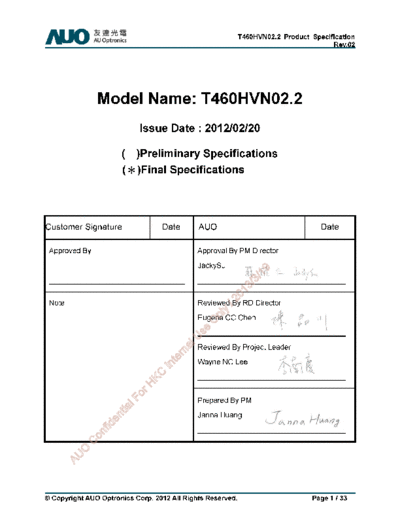 . Various Panel AUO T460HVN02-2 0 [DS]  . Various LCD Panels Panel_AUO_T460HVN02-2_0_[DS].pdf