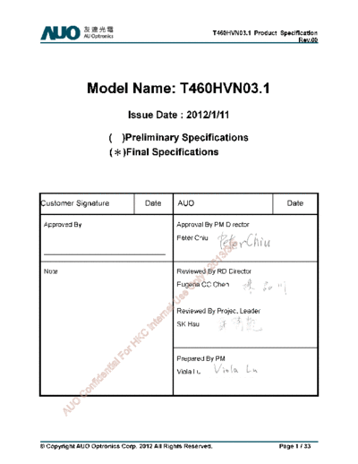 . Various Panel AUO T460HVN03-1 1 [DS]  . Various LCD Panels Panel_AUO_T460HVN03-1_1_[DS].pdf