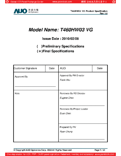 . Various Panel AUO T460HW03 VG 0 [DS]  . Various LCD Panels Panel_AUO_T460HW03_VG_0_[DS].pdf