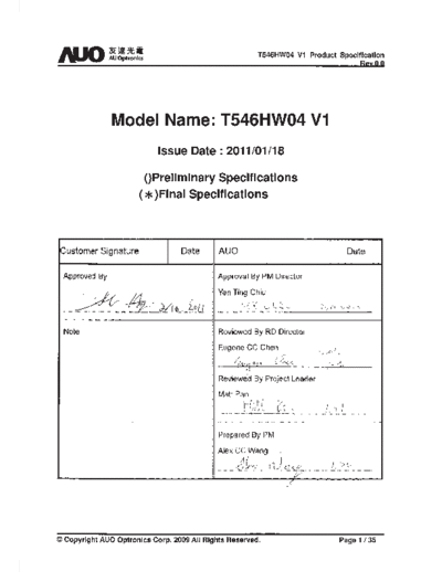 . Various Panel AUO T546HW04 V1 0 [DS]  . Various LCD Panels Panel_AUO_T546HW04_V1_0_[DS].pdf
