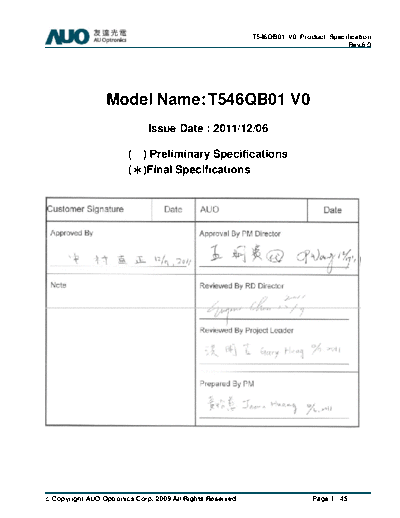 . Various Panel AUO T546QB01 V0 0 [DS]  . Various LCD Panels Panel_AUO_T546QB01_V0_0_[DS].pdf