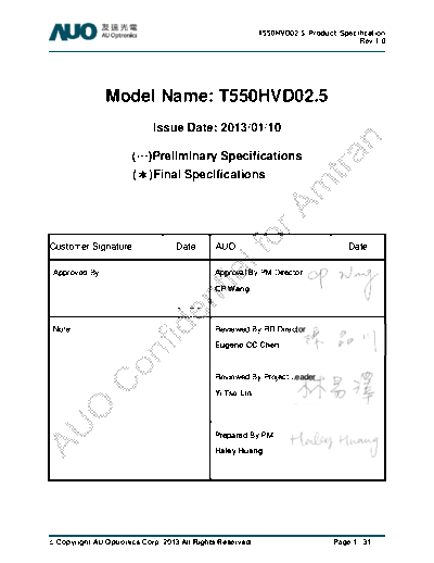 . Various Panel AUO T550HVD02-5 CELL 0 [DS]  . Various LCD Panels Panel_AUO_T550HVD02-5_CELL_0_[DS].pdf