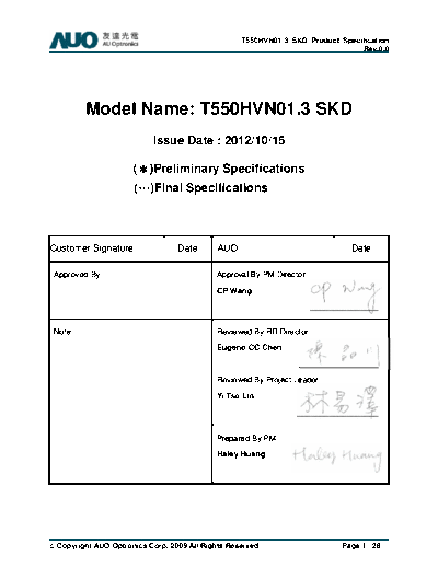 . Various Panel AUO T550HVN01-3 CELL 0 [DS]  . Various LCD Panels Panel_AUO_T550HVN01-3_CELL_0_[DS].pdf