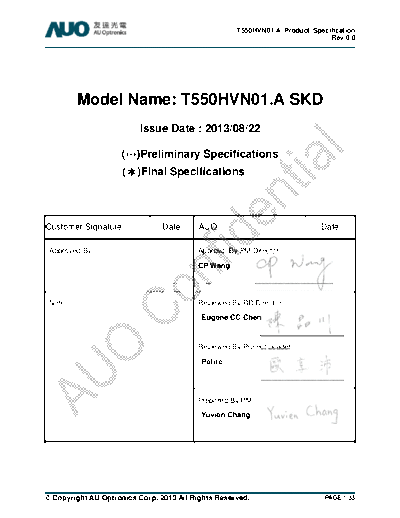 . Various Panel AUO T550HVN01-A CELL 0 [DS]  . Various LCD Panels Panel_AUO_T550HVN01-A_CELL_0_[DS].pdf