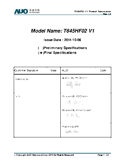 . Various Panel AUO T645HF02 V1 0 [DS]  . Various LCD Panels Panel_AUO_T645HF02_V1_0_[DS].pdf