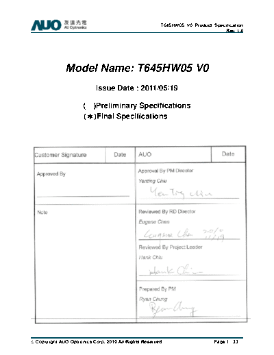 . Various Panel AUO T645HW05 V0 2 [DS]  . Various LCD Panels Panel_AUO_T645HW05_V0_2_[DS].pdf