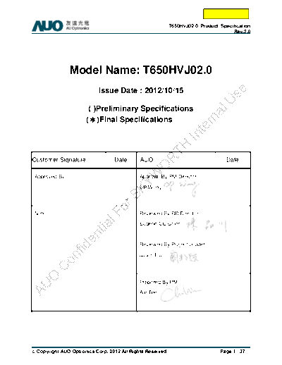 . Various Panel AUO T650HVJ02-0 1 [DS]  . Various LCD Panels Panel_AUO_T650HVJ02-0_1_[DS].pdf
