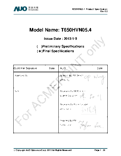 . Various Panel AUO T650HVN05-4 0 [DS]  . Various LCD Panels Panel_AUO_T650HVN05-4_0_[DS].pdf