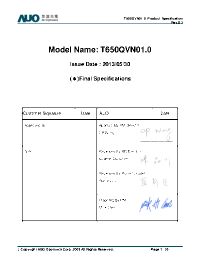 . Various Panel AUO T650QVN01-0 0 [DS]  . Various LCD Panels Panel_AUO_T650QVN01-0_0_[DS].pdf