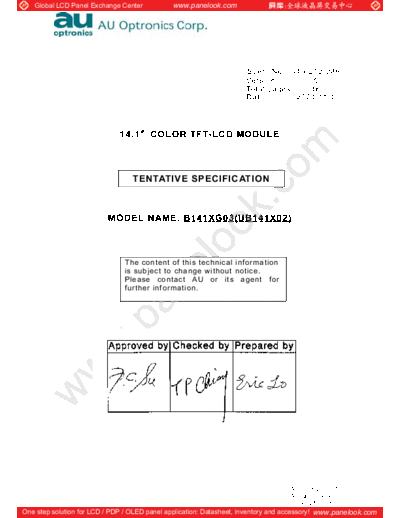 . Various Panel AU Optronics B141XG03 0 [DS]  . Various LCD Panels Panel_AU_Optronics_B141XG03_0_[DS].pdf