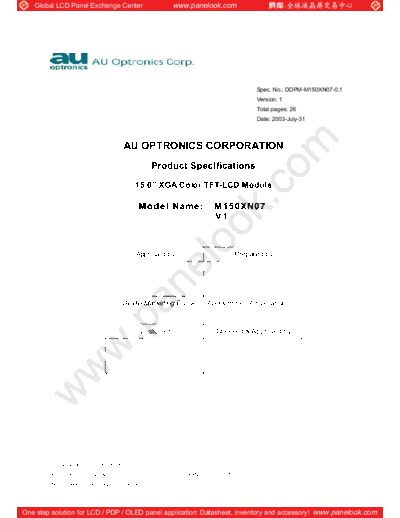 . Various Panel AU Optronics M150XN07 V1 0 [DS]  . Various LCD Panels Panel_AU_Optronics_M150XN07_V1_0_[DS].pdf