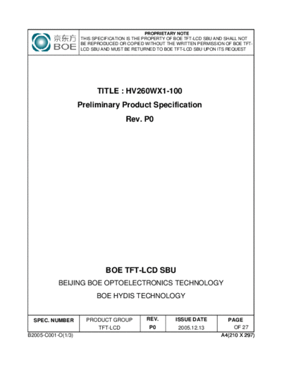 . Various Panel BOE HV260WX1-100 0 [DS]  . Various LCD Panels Panel_BOE_HV260WX1-100_0_[DS].pdf