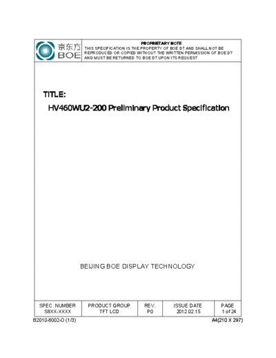 . Various Panel BOE HV460WU2-200 0 [DS]  . Various LCD Panels Panel_BOE_HV460WU2-200_0_[DS].pdf