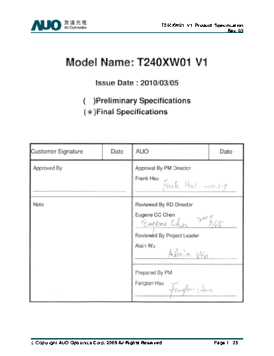 . Various Panel BVCH T240XW01 V1 2 [DS]  . Various LCD Panels Panel_BVCH_T240XW01_V1_2_[DS].pdf
