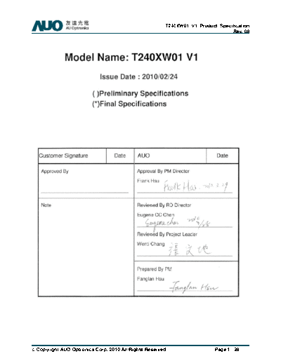 . Various Panel BVCH T240XW01 V1 4 [DS]  . Various LCD Panels Panel_BVCH_T240XW01_V1_4_[DS].pdf